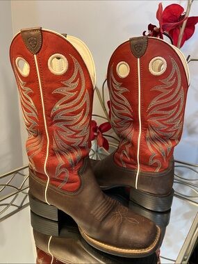 Ariat Two-Tone Leather Square Toe Western Cowgirl Boots Red Brown Sz 7B 10017389